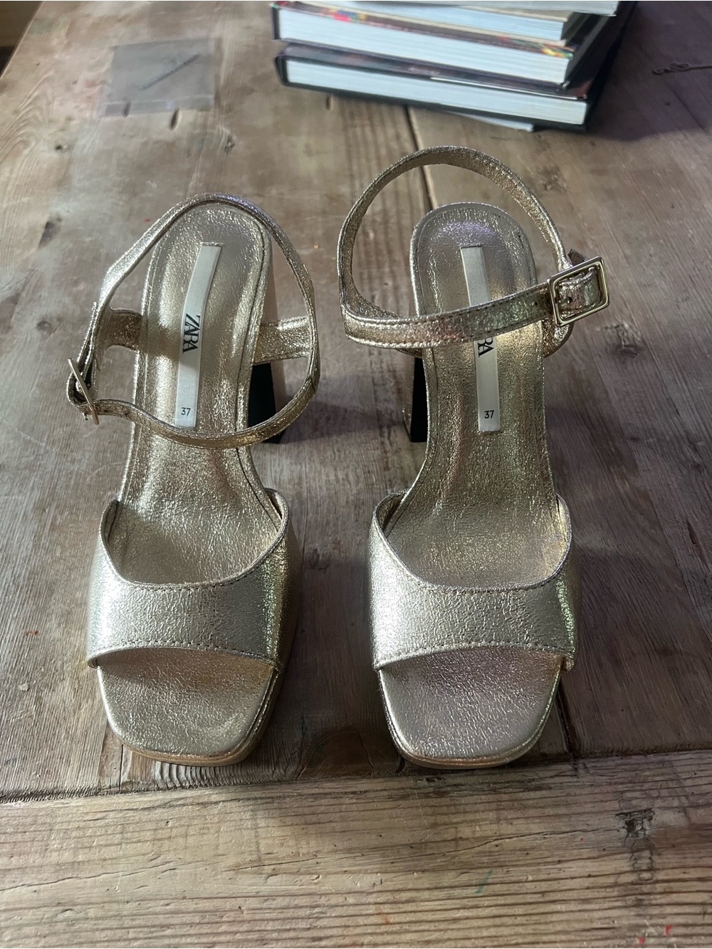 Zara Metallic Gold Platform Block Heel Sandals - Picture 3 of 10